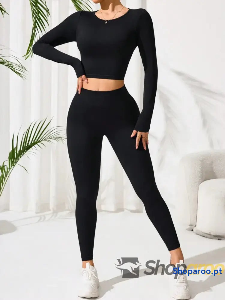Lace-Up Back Round Neck Top and Leggings Active Set
