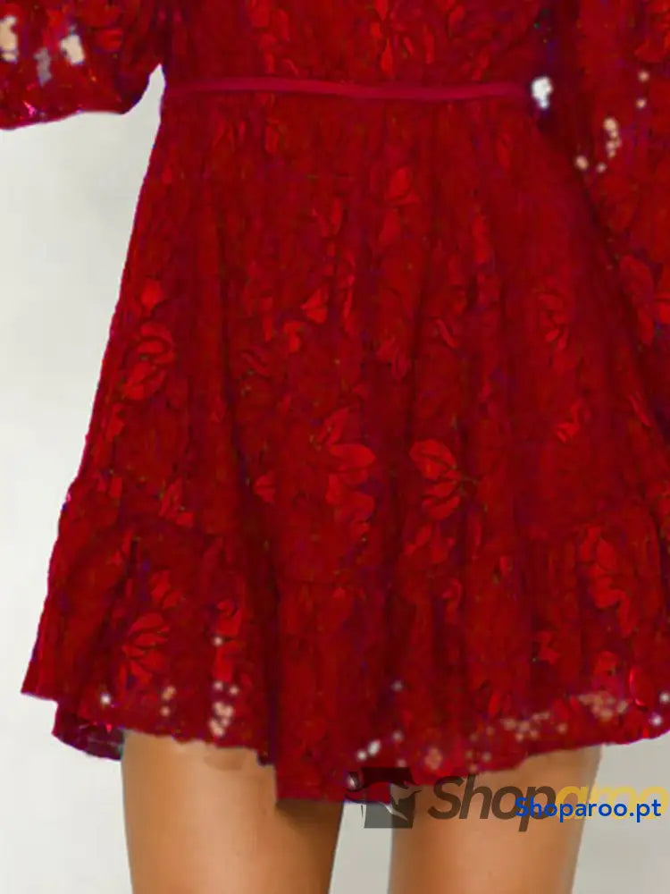 Lace V-Neck Long Sleeve Mini Dress