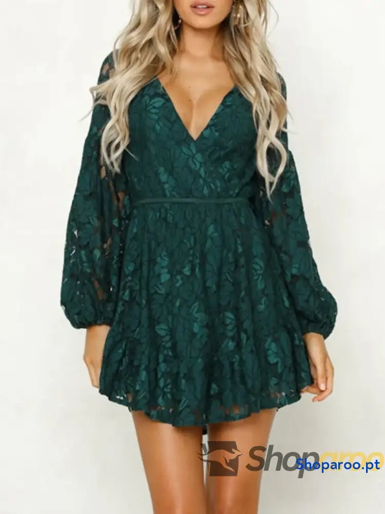 Lace V-Neck Long Sleeve Mini Dress