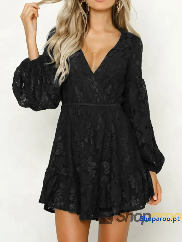 Lace V-Neck Long Sleeve Mini Dress