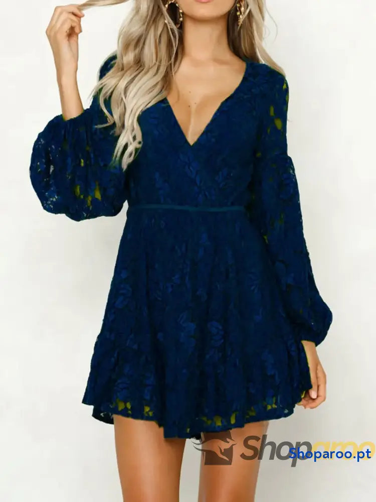 Lace V-Neck Long Sleeve Mini Dress