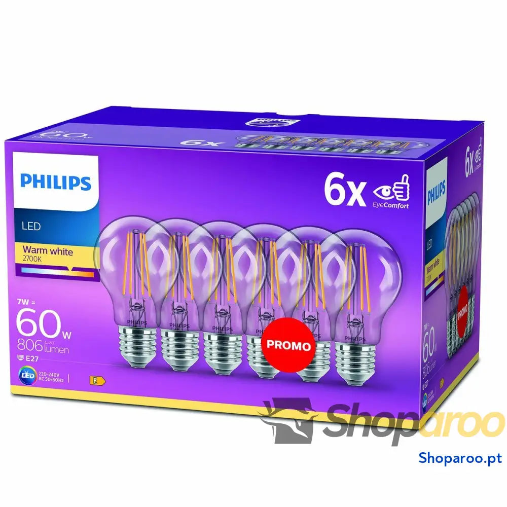 Lâmpada LED Philips Bombilla Transparente E 60 W (2700k)