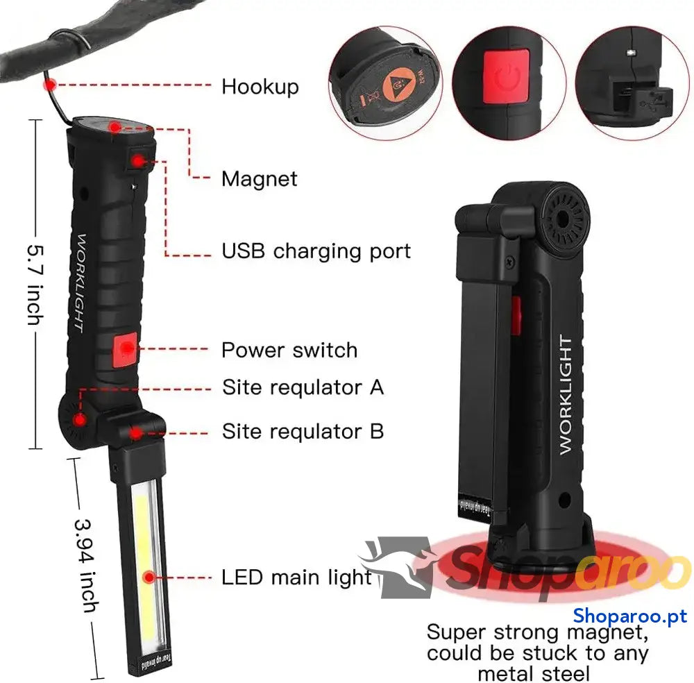 Lanterna LED portátil recarregável com luz magnética para campismo
