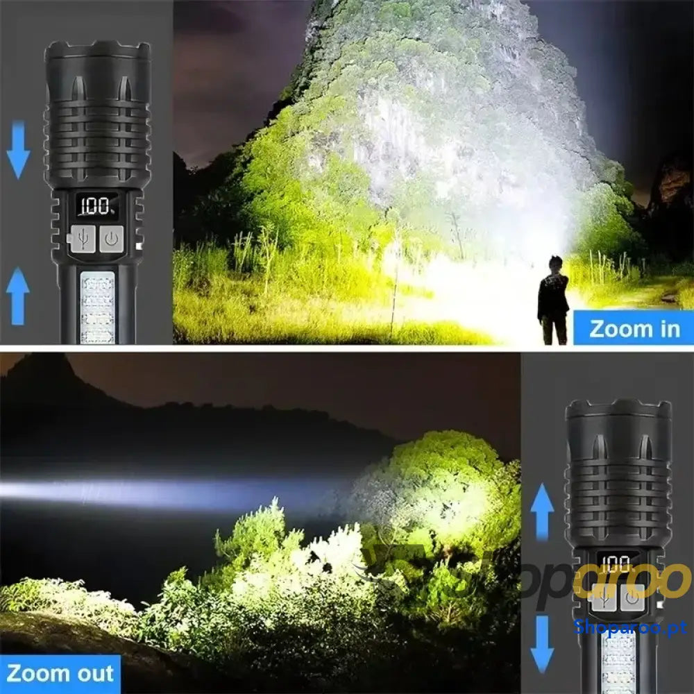 Lanterna LED recarregável de alta potência para campismo e caminhadas