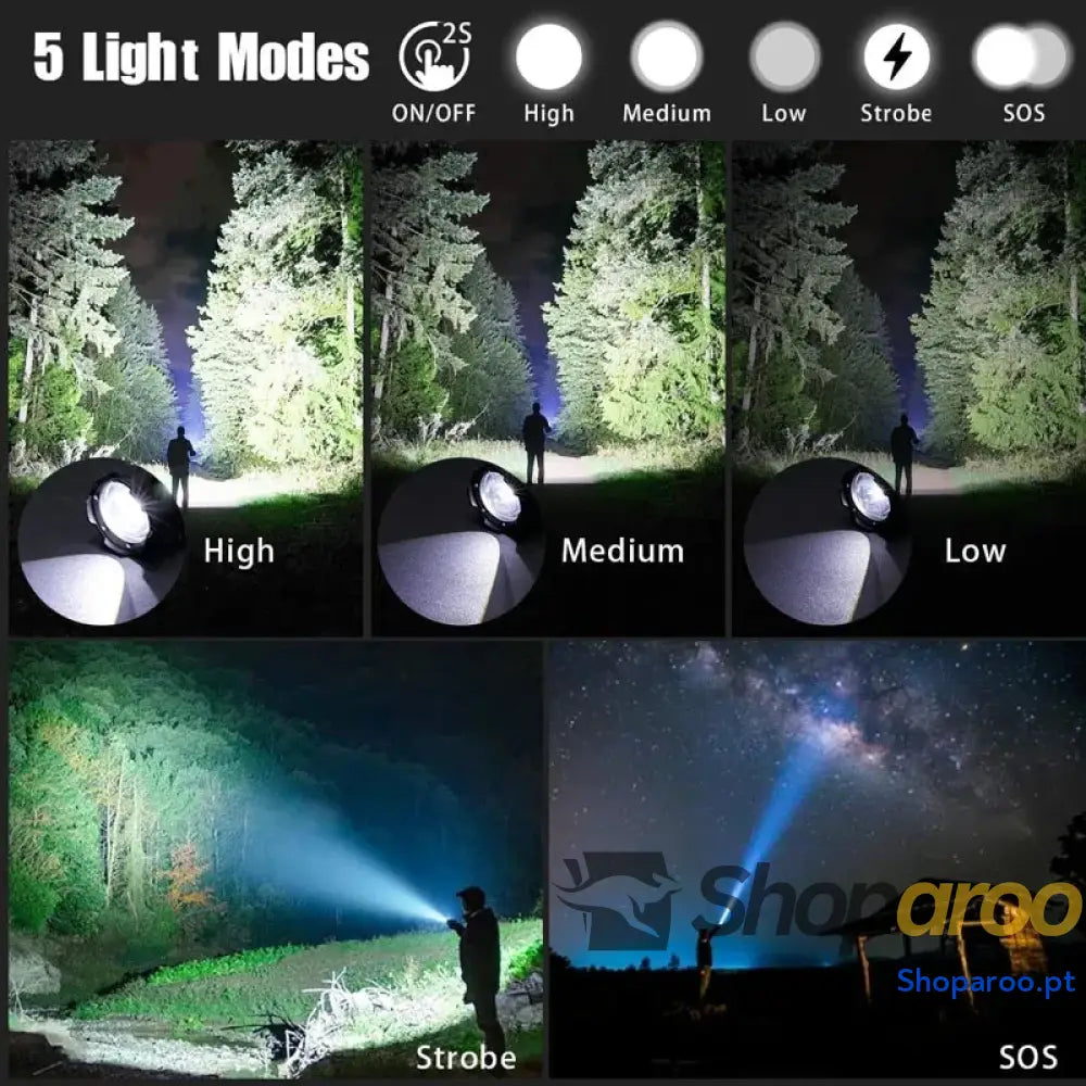 Lanterna tática LED recarregável com zoom e luz forte para campismo