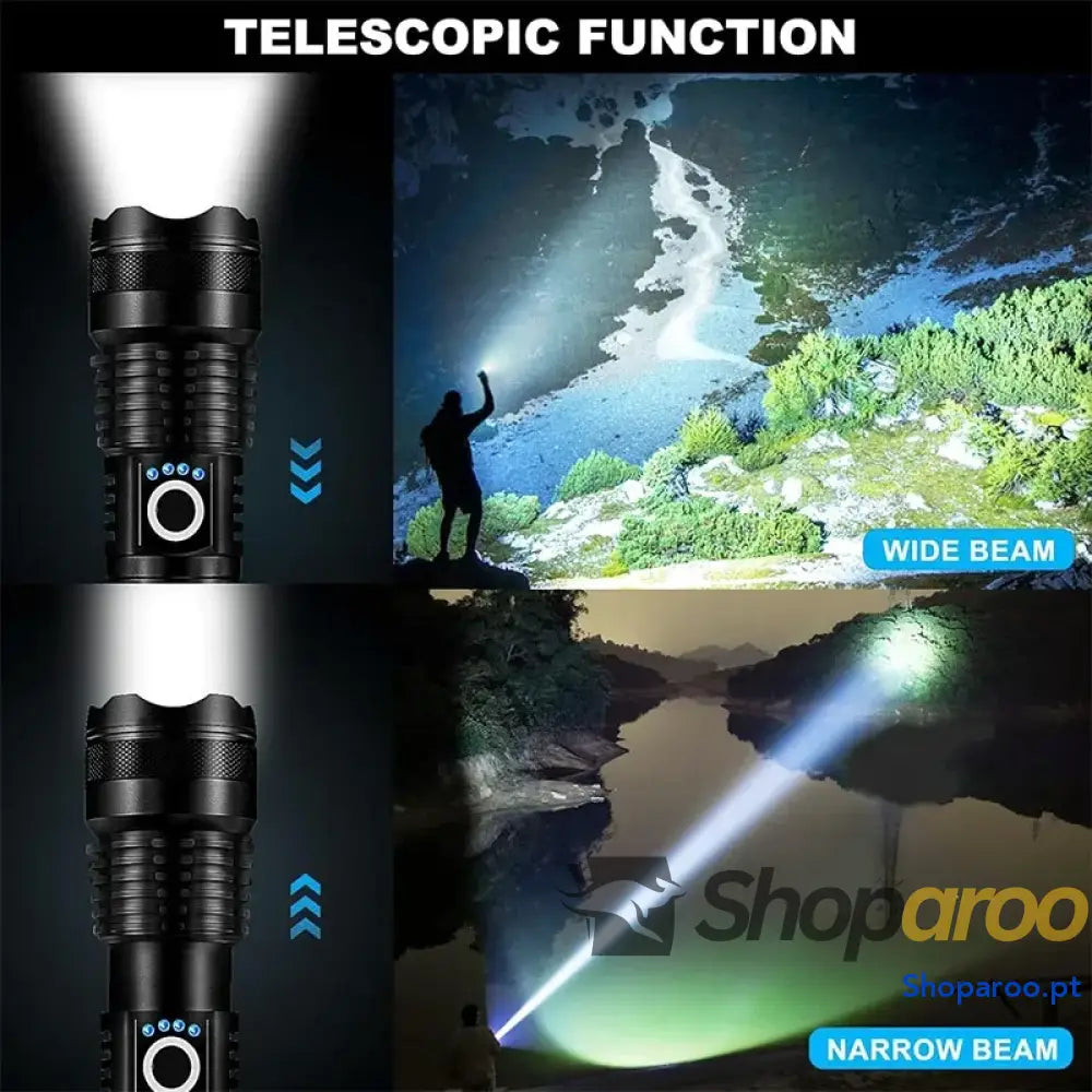 Lanterna tática LED recarregável com zoom e luz forte para campismo