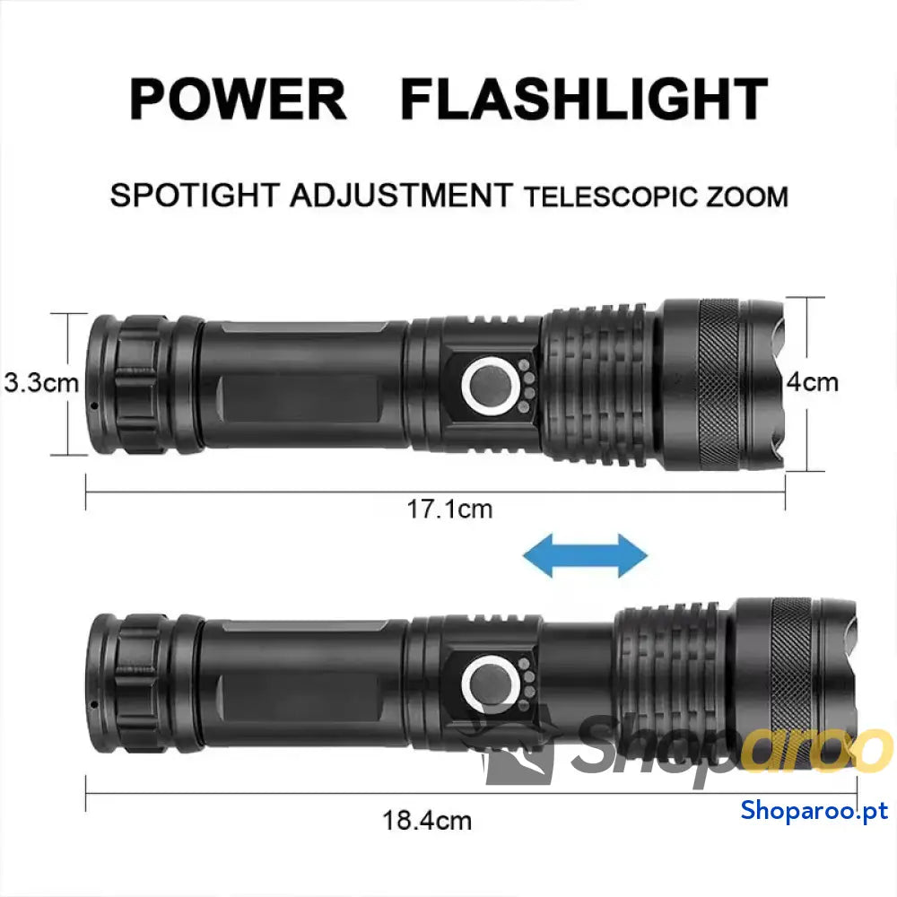 Lanterna tática LED recarregável com zoom e luz forte para campismo