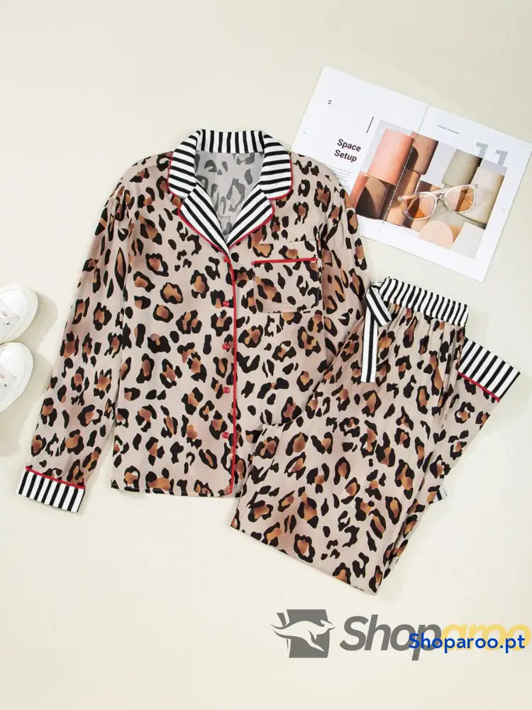 Leopard and Striped Trim Shirt Pants Set