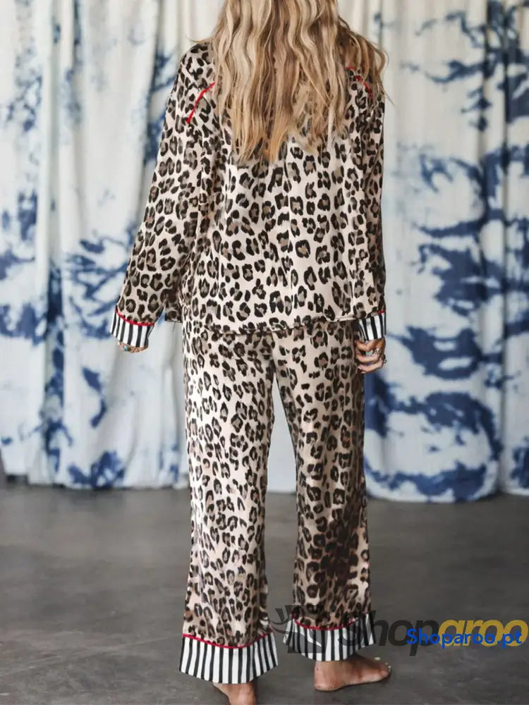 Leopard and Striped Trim Shirt Pants Set