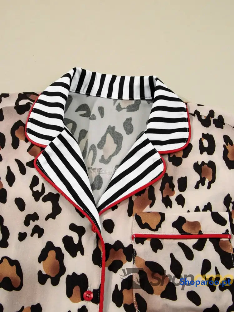 Leopard and Striped Trim Shirt Pants Set