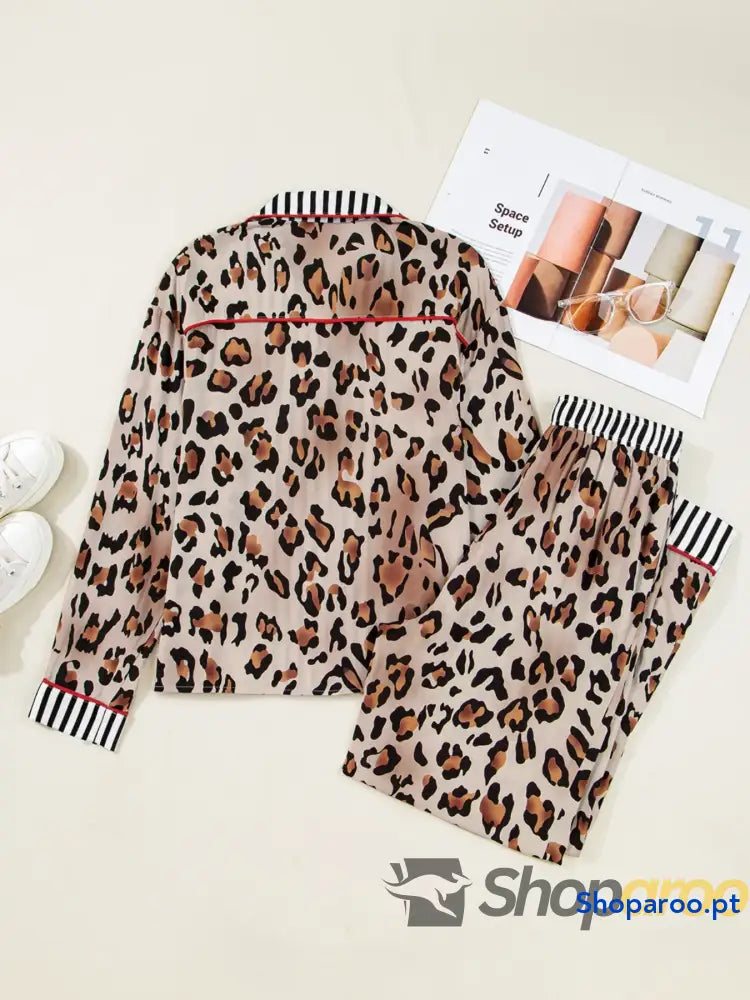 Leopard and Striped Trim Shirt Pants Set