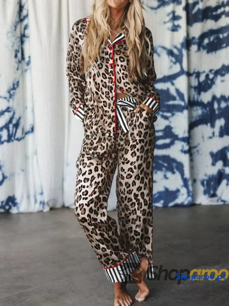 Leopard and Striped Trim Shirt Pants Set