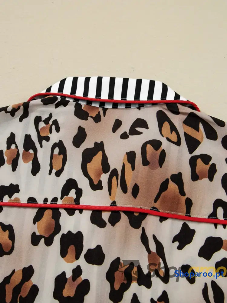 Leopard and Striped Trim Shirt Pants Set