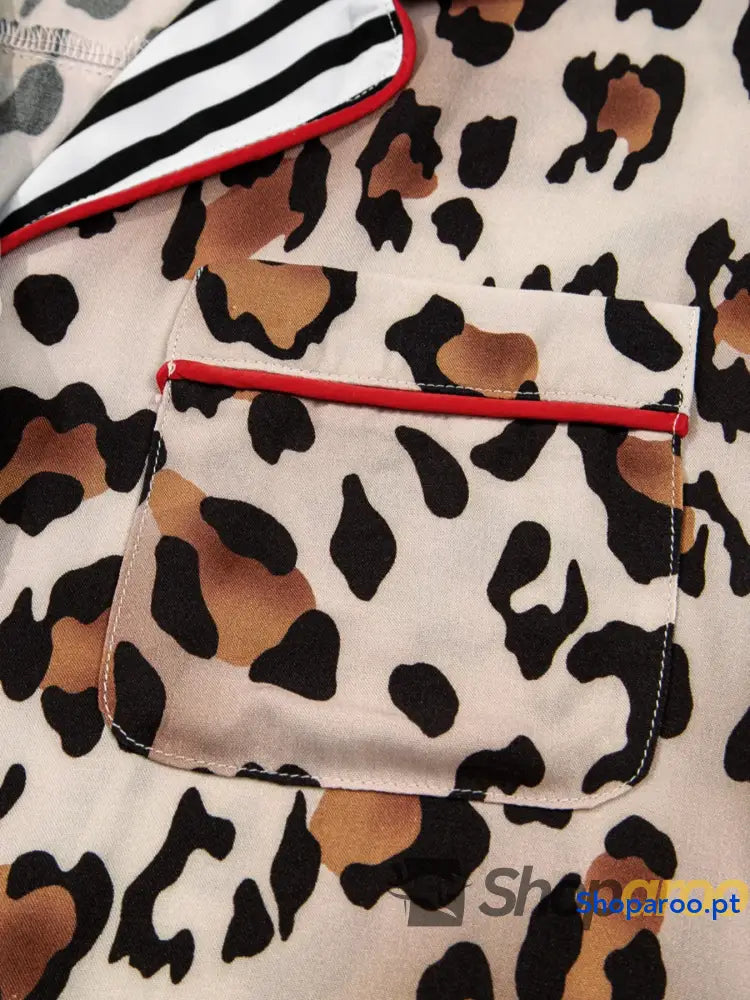 Leopard and Striped Trim Shirt Pants Set