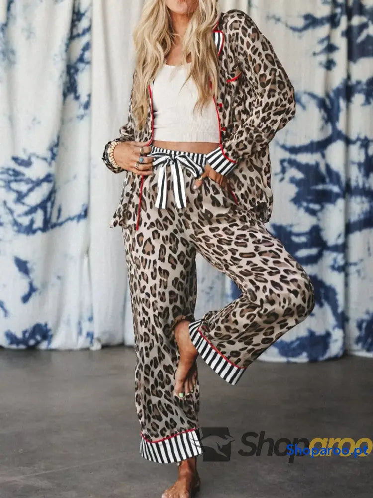 Leopard and Striped Trim Shirt Pants Set