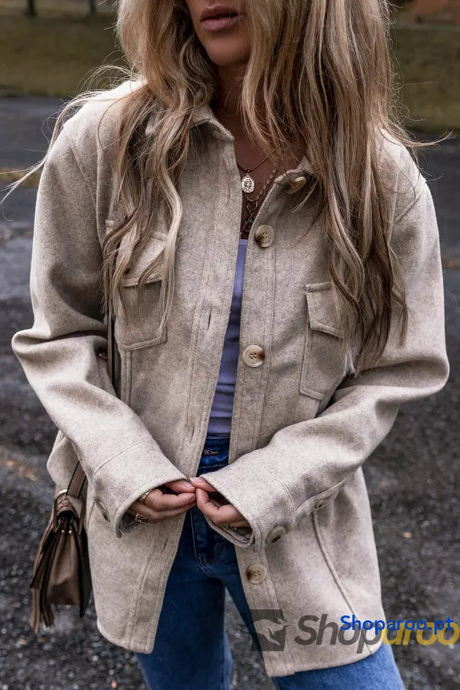 Light Grey Turn Down Collar Flap Pockets Buttoned Shacket