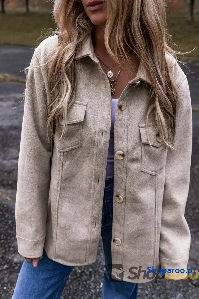 Light Grey Turn Down Collar Flap Pockets Buttoned Shacket