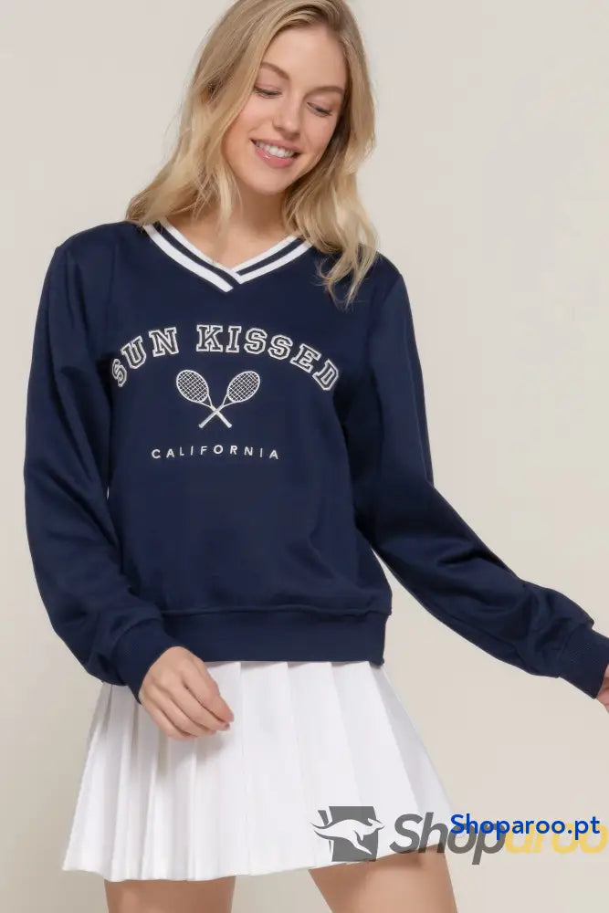 Sweatshirt de Manga Comprida com Decote em V Navy Off White Bordado