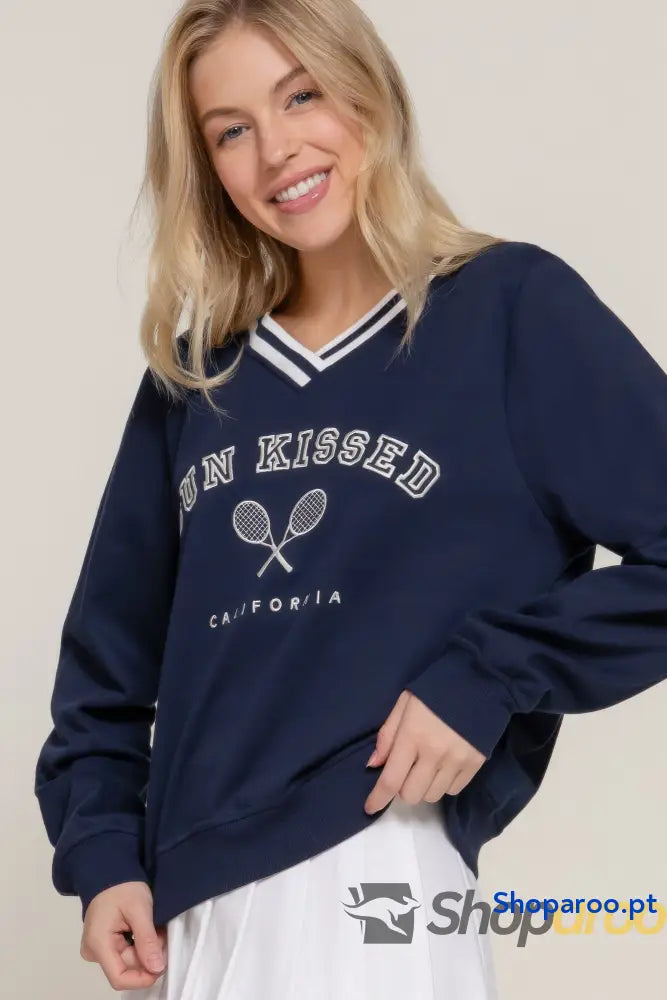 Sweatshirt de Manga Comprida com Decote em V Navy Off White Bordado