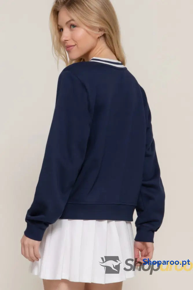 Sweatshirt de Manga Comprida com Decote em V Navy Off White Bordado