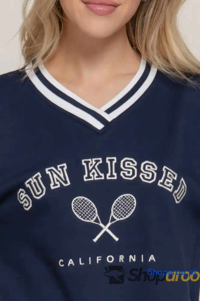 Sweatshirt de Manga Comprida com Decote em V Navy Off White Bordado