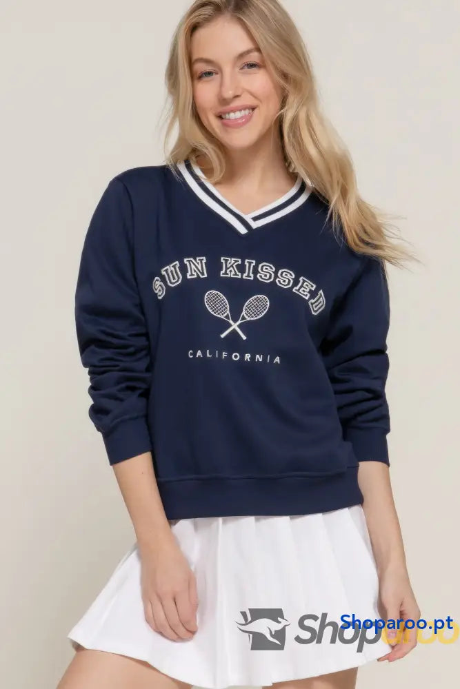 Sweatshirt de Manga Comprida com Decote em V Navy Off White Bordado