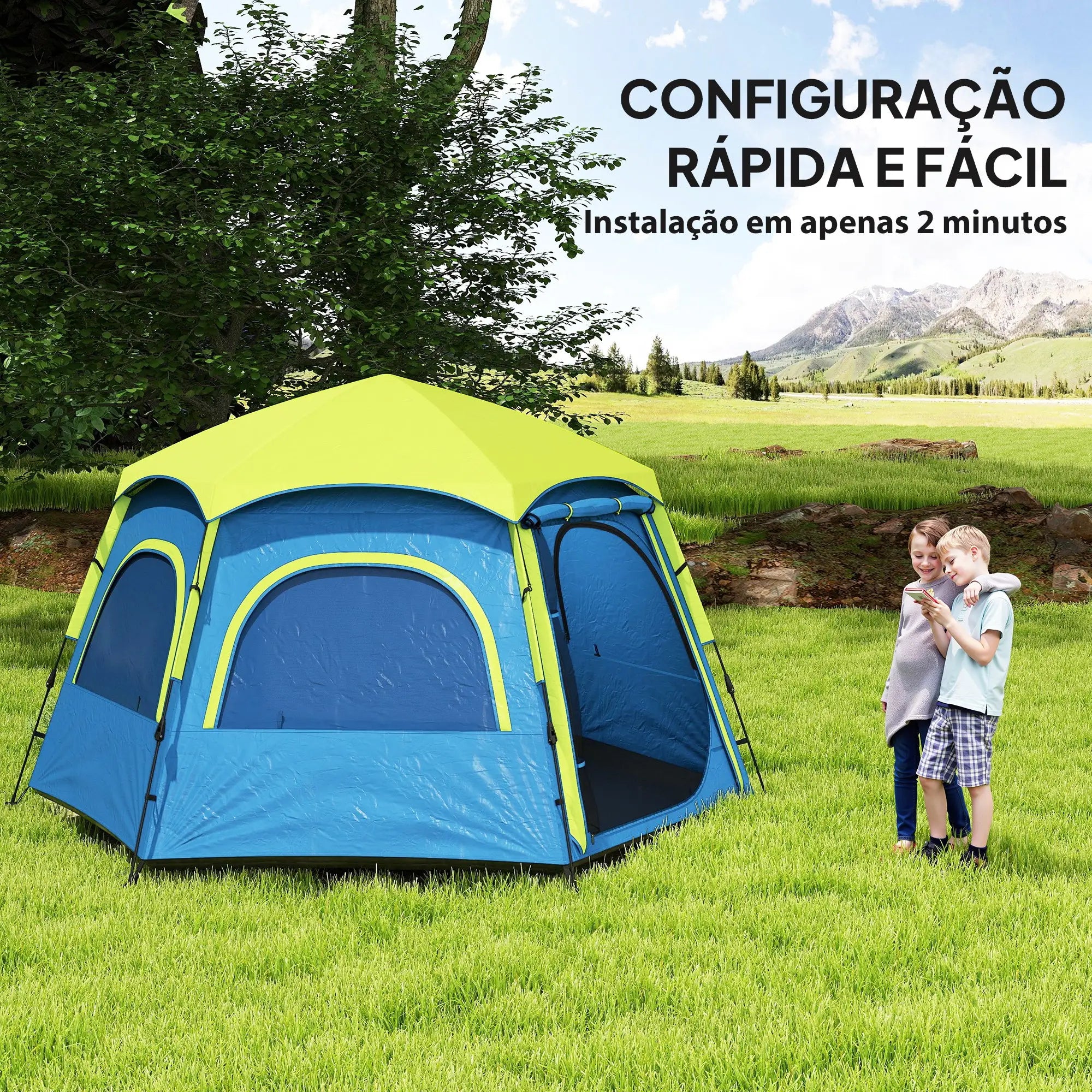 Tenda de Campismo para 2-3 Pessoas Dobrável com Fácil Instalação e Bolsa de Transporte 280x240x155 cm Azul e Verde