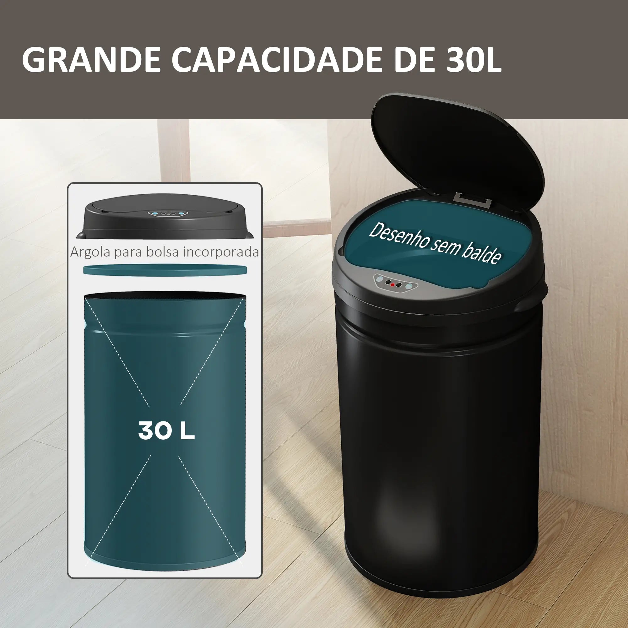 Balde de lixo de cozinha automático 30L inox sensor preto