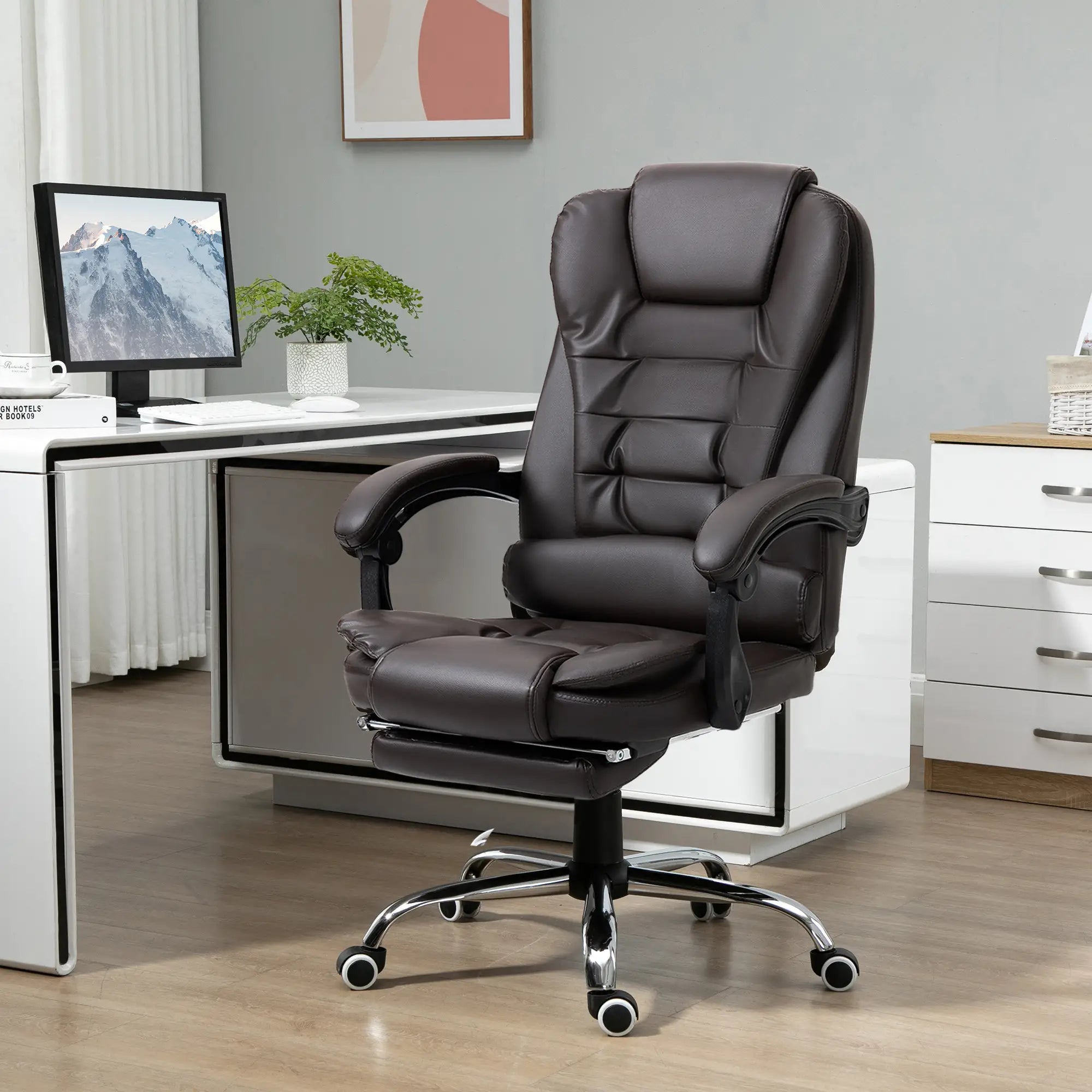 Cadeira de Escritório Reclinável Cadeira Executiva Giratória com Altura Ajustável Estofada em PU 64,5x69x109-117 cm castanha