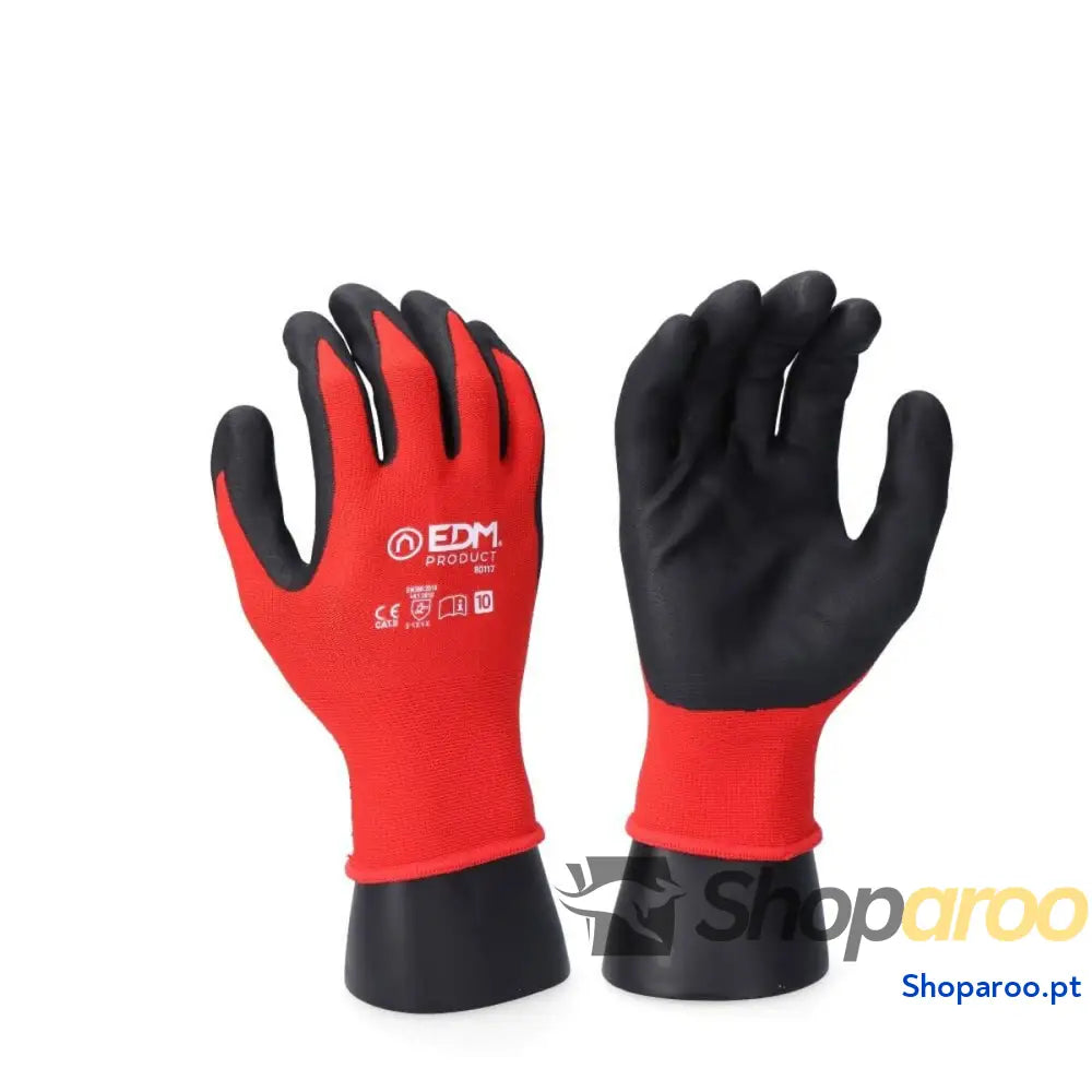 Luvas de Trabalho EDM Vermelho Licra Nitrila Tátil Industriais
