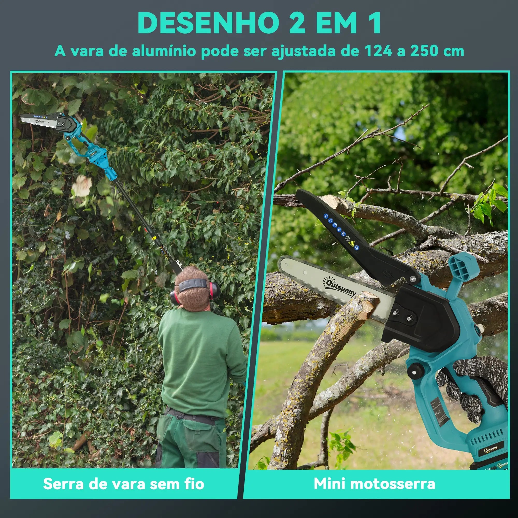 Mini Motosserra a Bateria 8 Polegadas 6000mAh Motosserra Elétrica com Motor sem Escovas de 580W 2 Baterias 42x29x10,5 cm Azul
