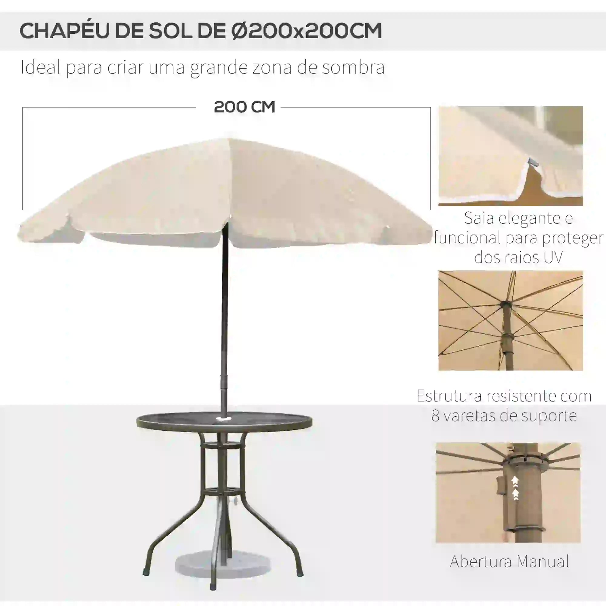 Conjunto de Jardim Refeição 6 Peças com 4 Cadeiras Dobráveis Mesa com Bancada de Vidro e Chapéu de Sol Bege
