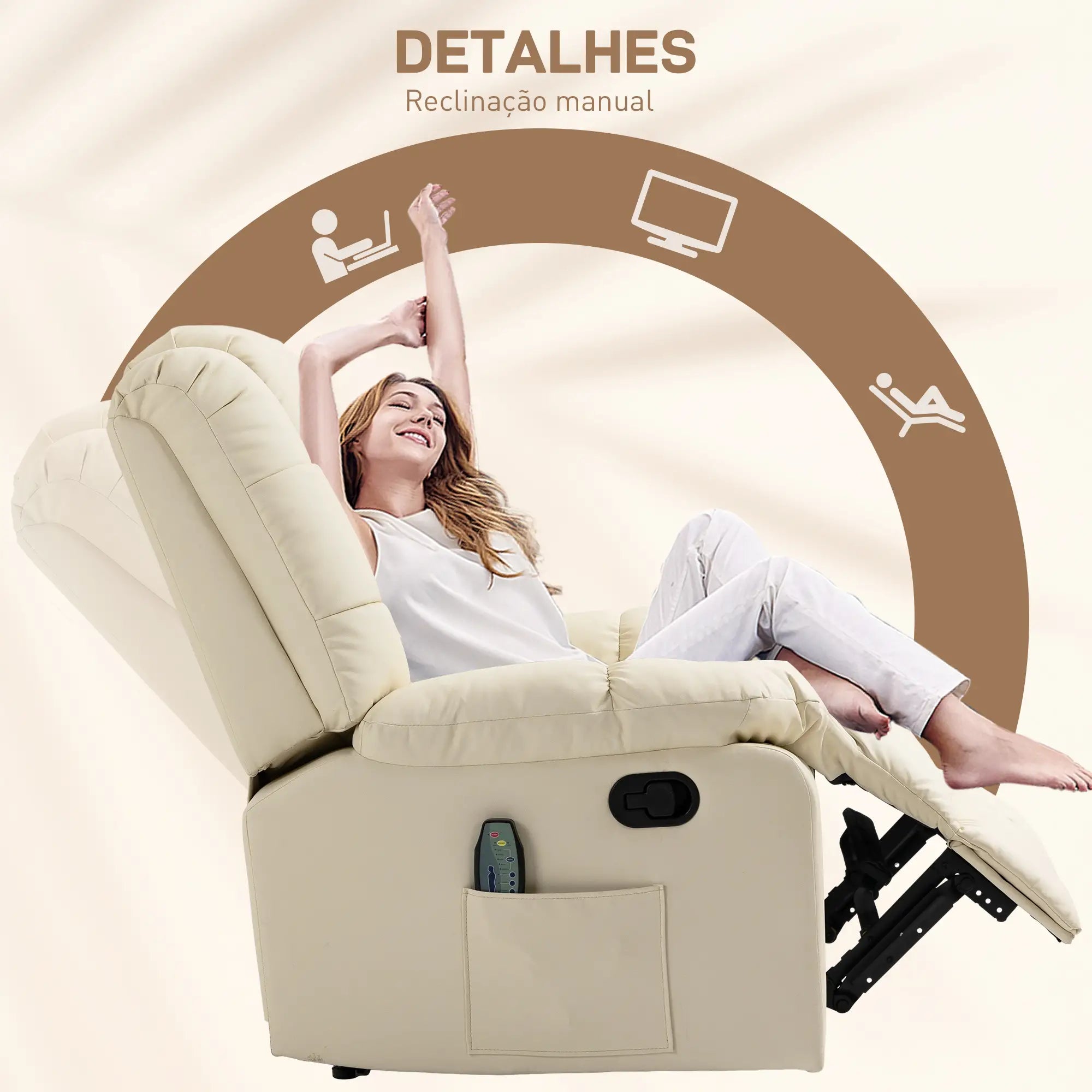 Poltrona de Massagem Poltrona Relax Reclinável com 8 Pontos de Massagem Controlo Remoto Estofada em PU 94x99x99 cm Creme