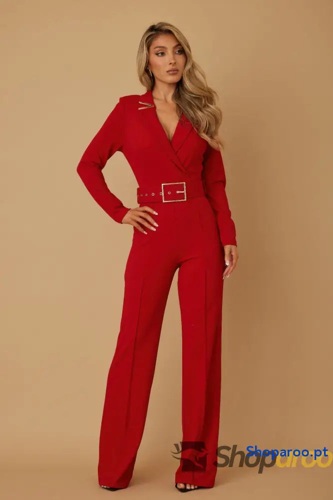 Macacão Blazer Feminino Manga Longa com Cinto e Detalhe Metálico