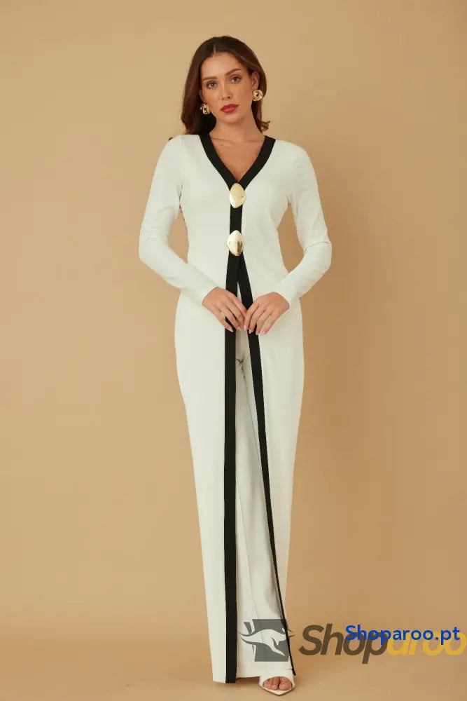 Macacão Longo Mirror Stone com Pedras Espelhadas e Decote Profundo