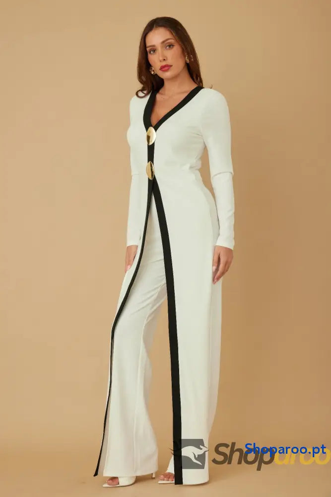 Macacão Longo Mirror Stone com Pedras Espelhadas e Decote Profundo