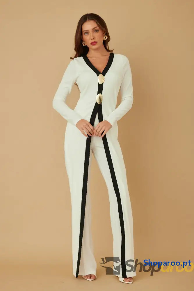 Macacão Longo Mirror Stone com Pedras Espelhadas e Decote Profundo