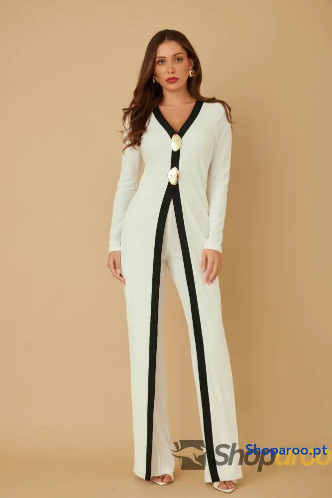 Macacão Longo Mirror Stone com Pedras Espelhadas e Decote Profundo