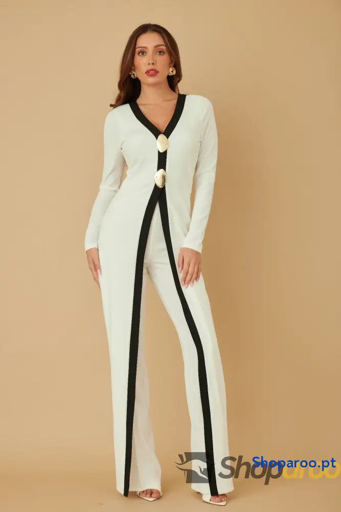 Macacão Longo Mirror Stone com Pedras Espelhadas e Decote Profundo