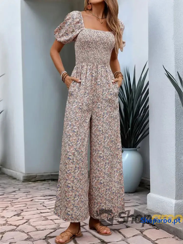 Macacão Perfee Ditsy Floral Smocked Gola Quadrada Manga Bufante