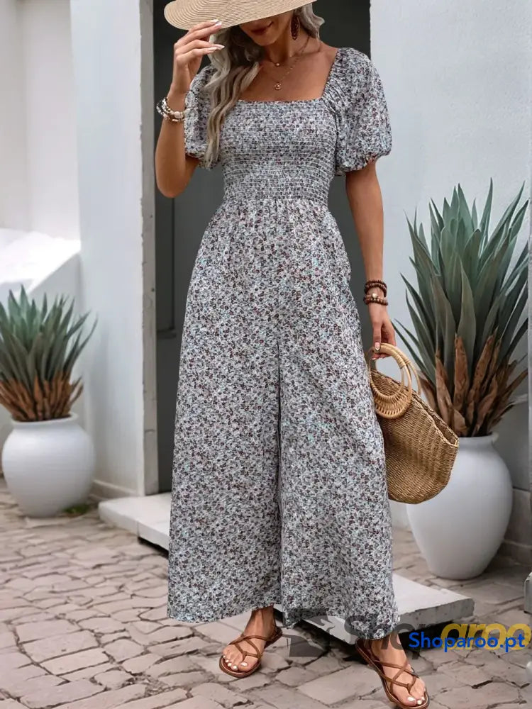 Macacão Perfee Ditsy Floral Smocked Gola Quadrada Manga Bufante