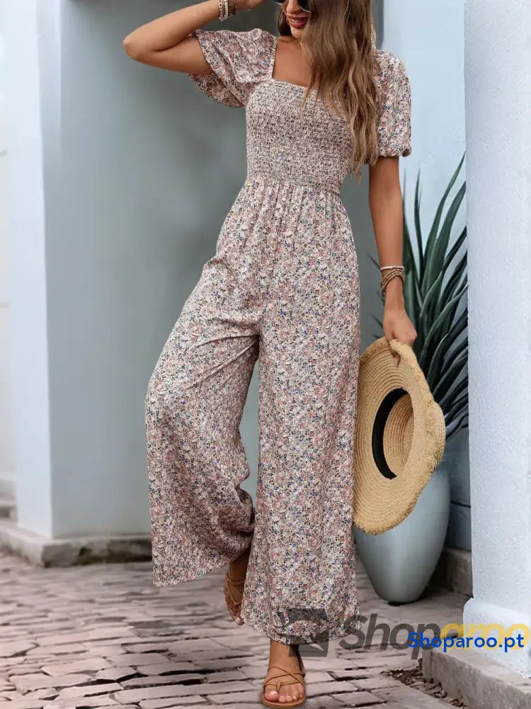 Macacão Perfee Ditsy Floral Smocked Gola Quadrada Manga Bufante