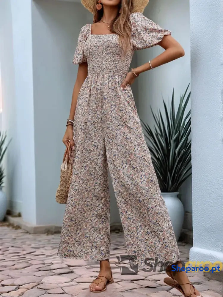 Macacão Perfee Ditsy Floral Smocked Gola Quadrada Manga Bufante
