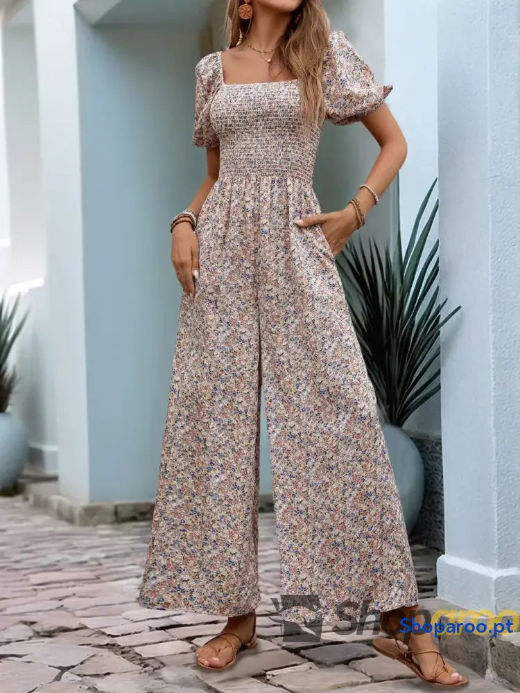 Macacão Perfee Ditsy Floral Smocked Gola Quadrada Manga Bufante