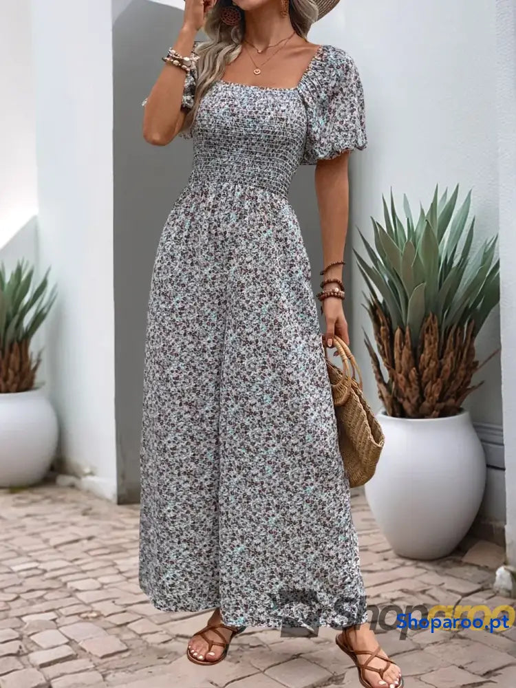 Macacão Perfee Ditsy Floral Smocked Gola Quadrada Manga Bufante