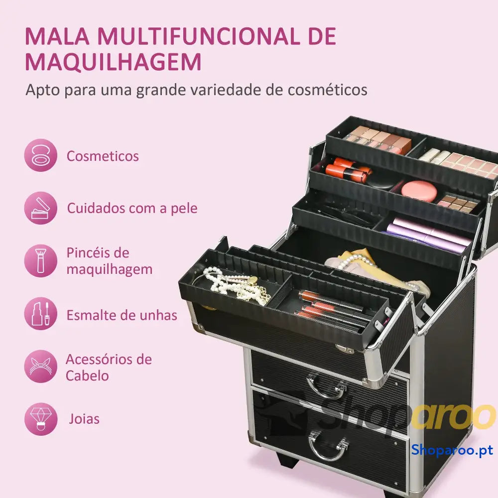 Mala de Maquilhagem Professional com Rodas e 6 Gavetas Preta