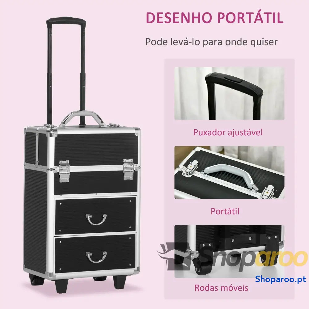 Mala de Maquilhagem Professional com Rodas e 6 Gavetas Preta