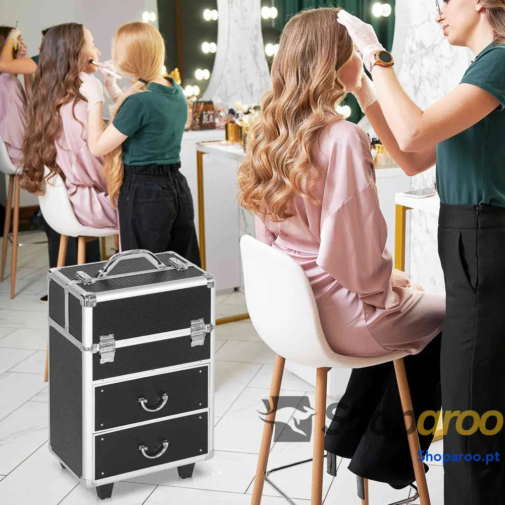 Mala de Maquilhagem Professional com Rodas e 6 Gavetas Preta