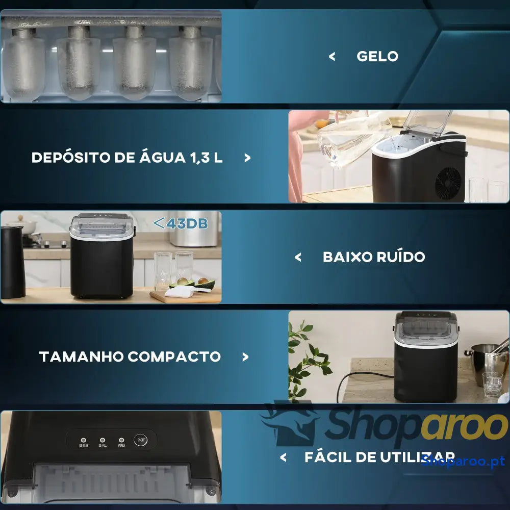Máquina de Fazer Gelo Silenciosa 12 kg em 24 Horas 9 Cubos 6-12 Minutos Depósito Água 1,3 L 22,2x29,4x29 cm Preto