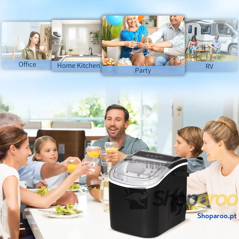 Máquina de Fazer Gelo Silenciosa 12 kg em 24 Horas 9 Cubos 6-12 Minutos Depósito Água 1,3 L 22,2x29,4x29 cm Preto